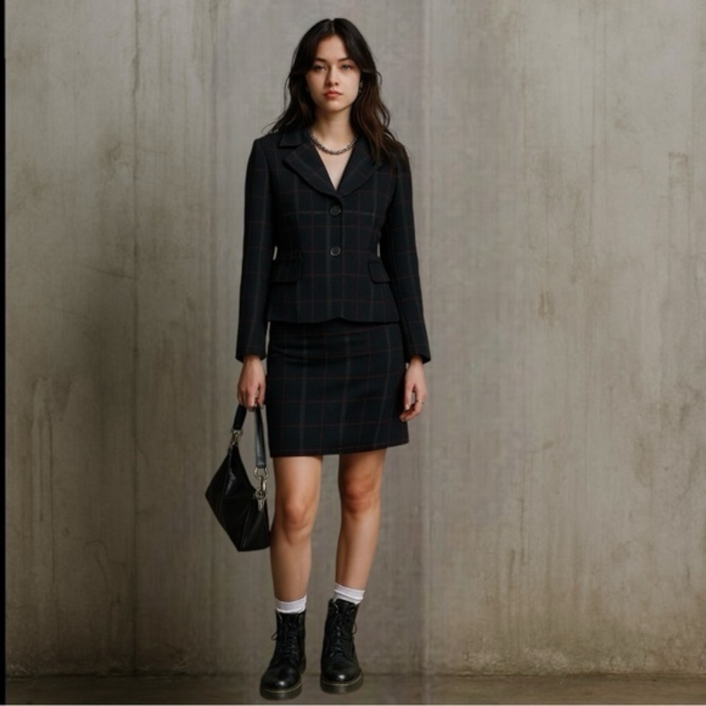 Talbots Plaid Wool Blend Skirt Suit Set Petite Career Classic Grunge Dark Plaid